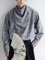 Men's British Style Plaid Scarf Collar Long Sleeve Shirt SKUL31853