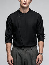 Men's Minimalist Zen Asymmetrical Button Front Stand Collar Loose Shirt SKUL76484