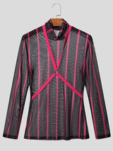 Men's Striped Patchwork Sheer Long Sleeve T-Shirt SKUL23956