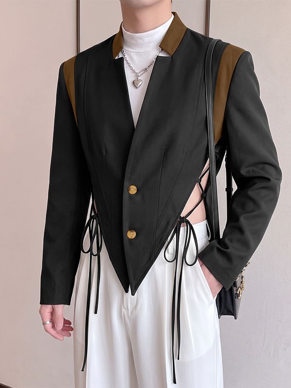 Men's Avant-Garde Deconstructed Stage Runway Side Cutout Strappy Tie Pointed Hem Blazer SKUL85227