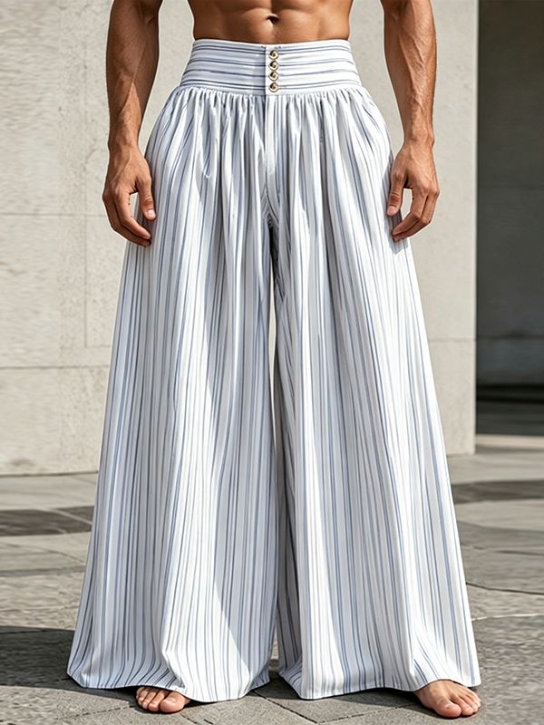 Men's Beach Resort Striped High-Waisted Pleated Wide Leg Palazzo Pant SKUL73614