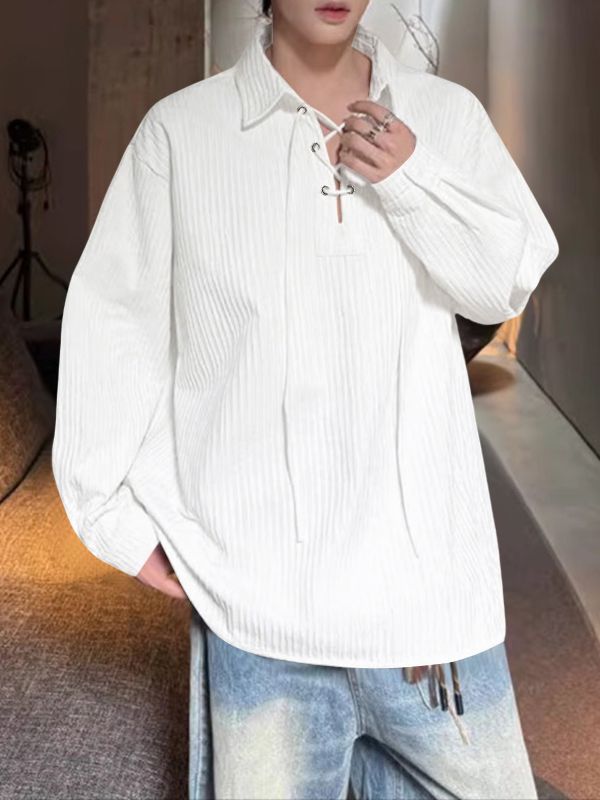 Men's Textured Drawstring Lapel Long Sleeve Shirt SKUL34969