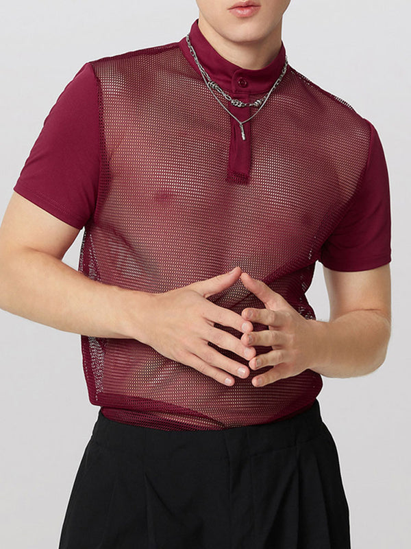 Mens Hollow-Out Mesh Patchwork Short Sleeve T-Shirt SKUL03639