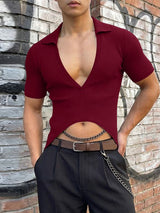 Men's Solid Color Textured Lapel Short Sleeve Shirt SKUL57814