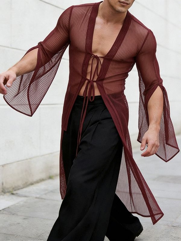 Men's Avant-Garde Longline Sheer Ribbed Tie-Front Flared Sleeve Cardigan SKUL57687