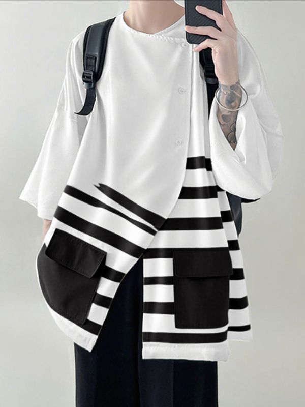 Men's Striped Pocket Loose Long Sleeve Shirt SKUL27175