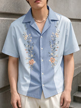 Men's American Vintage Floral Print Color-Block Short Sleeve Shirt SKUL72580