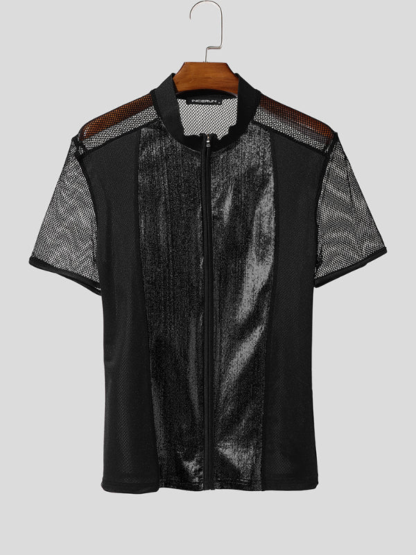 Men's Glitter Sheer Mesh Patchwork Short Sleeve T-Shirt SKUL12896