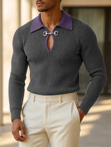 Men's Early Autumn Urban Casual Contrast Polo Metal Link Muscle Slim Long Sleeve Polo Collar Sweater SKUL81059