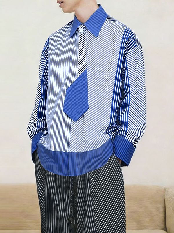 Men's Stripe Tie Patchwork Long Sleeve Shirt SKUL30561
