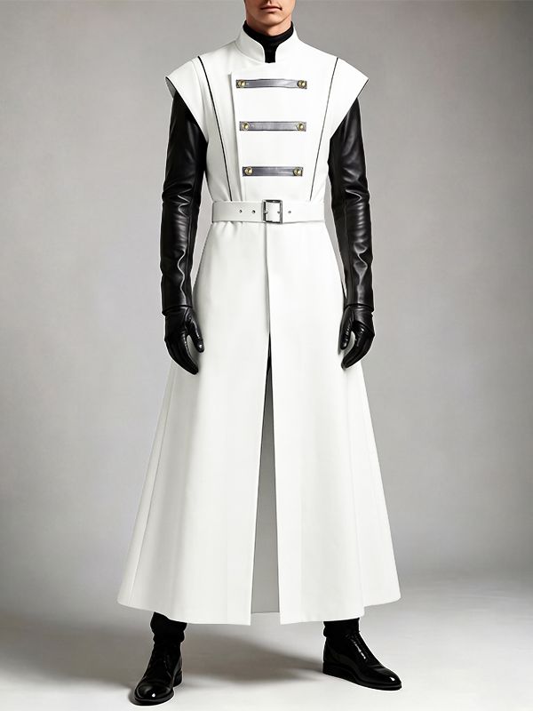 Men's Avant-Garde Runway Military Strap Metal Button Belted Sleeveless Stand Collar Floor Length Waistcoat SKUL81730