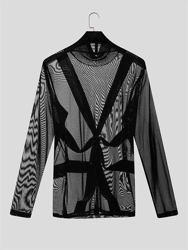 Men's Shimmer Knotted Sheer Mesh Long Sleeve T-Shirt SKUL24572