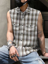 Mens Plaid Gradient Casual Sleeveless Shirt SKUL17804