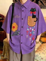 Men's Harajuku Streetwear Plaid Cartoon Cat Print Oversized Casual Shirt SKUL59651
