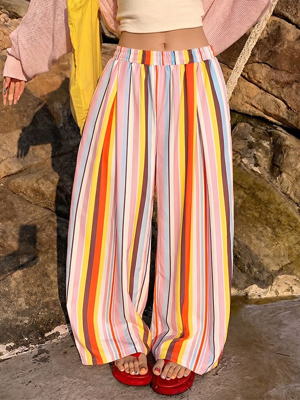 Men's Vibrant Summer Palette Rainbow Vertical Stripe Pleated Balloon Wide Leg Pant SKUL70359
