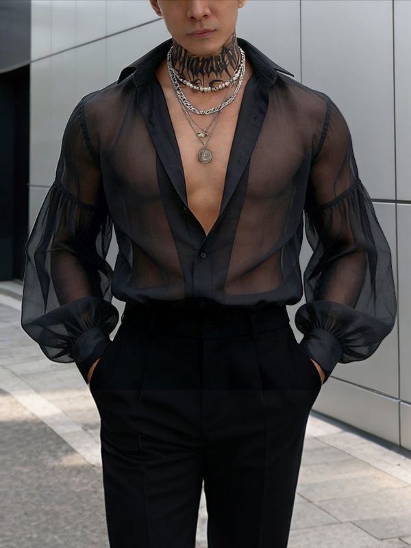 Men's Avant-Garde Sheer Organza Bishop Sleeve Romantic Regency Shirt SKUL56302