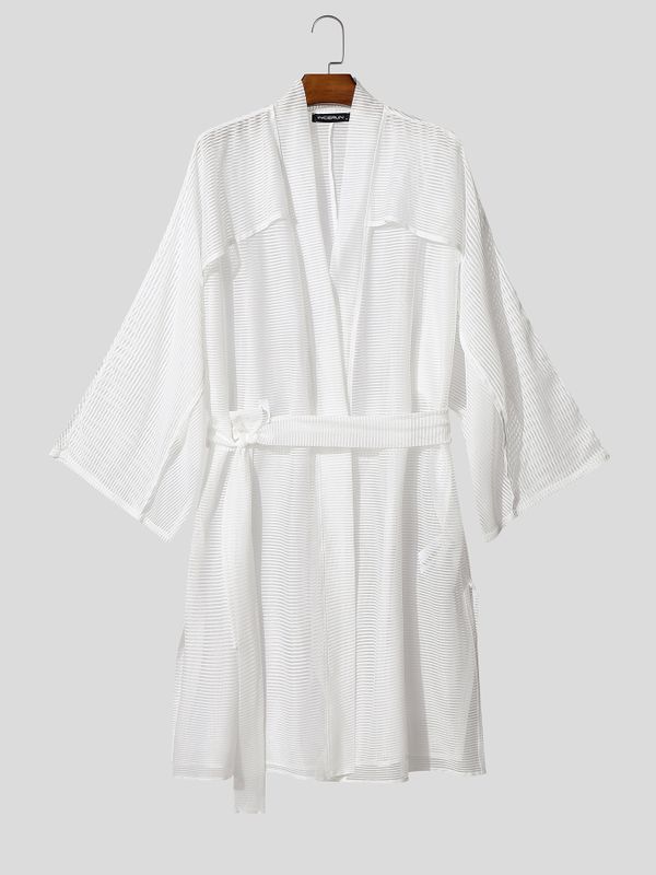Men's Sexy Resort Sheer Mesh Stripe Belted Long Sleeve Lapel Collar Cardigan SKUL78133
