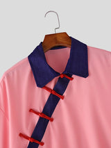 Men's Vintage Preppy Asymmetric Frog Button Lapel Short Sleeve Shirt SKUL61899