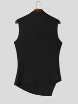 Men's Avant-Garde Asymmetric Slant Button High Neck Crinkled Ruched Tank SKUL67997