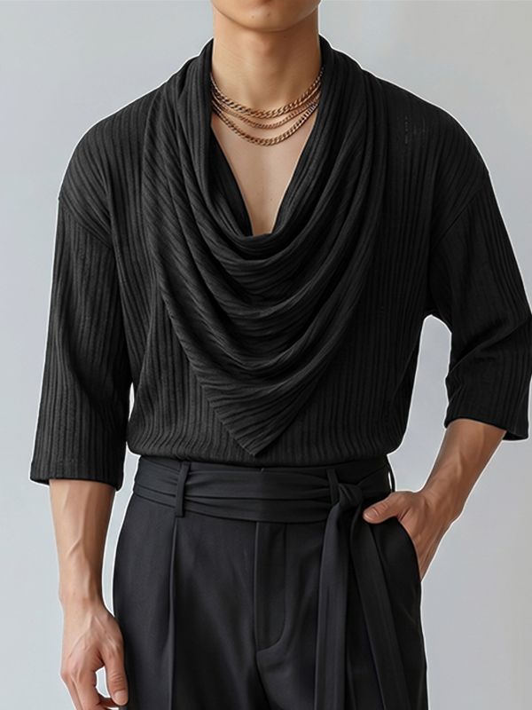Men's Stylish Party Ribbed Cowl Neck Three Quarter Sleeve T-shirt SKUL74584