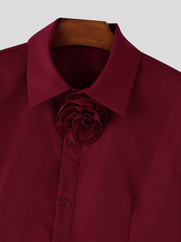 Men's Multi-Wrap Waist Tie Detail 3D Rose Collar Cropped Short Sleeve Shirt SKUL55290