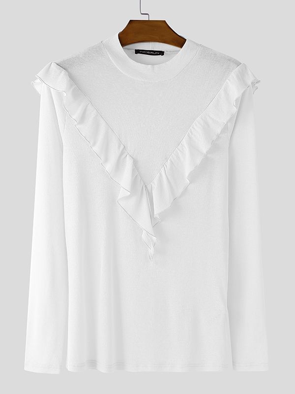 Men's Solid Color Ruffle Edge Patchwork Mock Neck Long Sleeve T-shirt SKUL46283