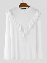 Men's Solid Color Ruffle Edge Patchwork Mock Neck Long Sleeve T-shirt SKUL46283