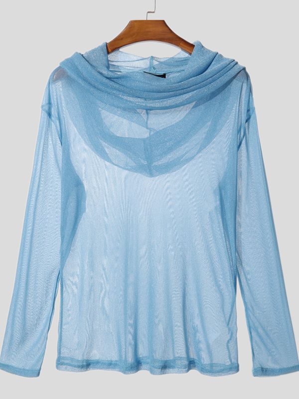 Men's Shimmer Sheer Mesh Hooded Long Sleeve T-shirt SKUL40330