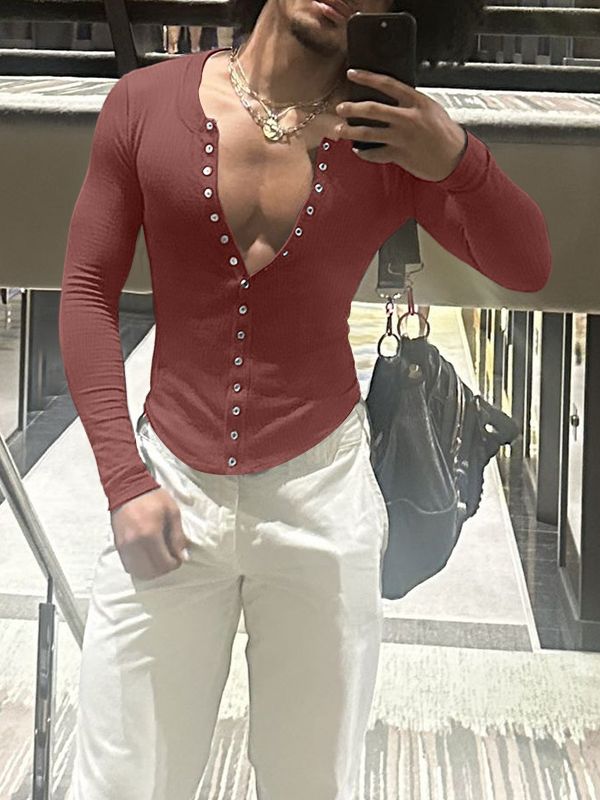 Men's Minimalist Textured Deep V Neck Long Sleeve T-shirt SKUL46565