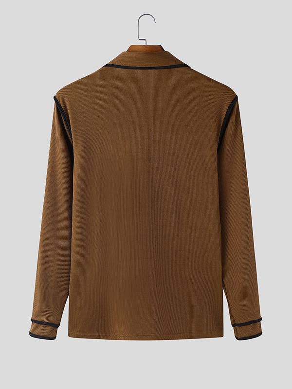 Men's Knit Color Block Trim Lapel Long Sleeve T-Shirt SKUL45325
