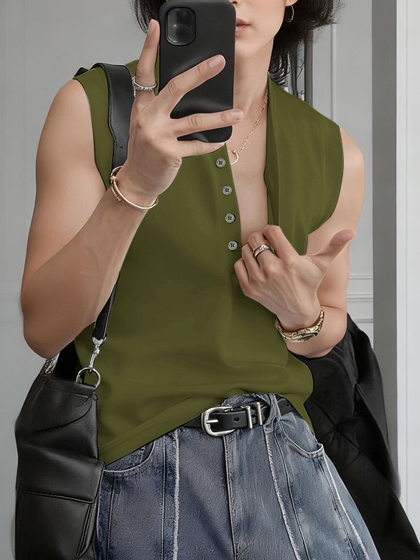 Men's Button Half Placket Knit Tank SKUL39022