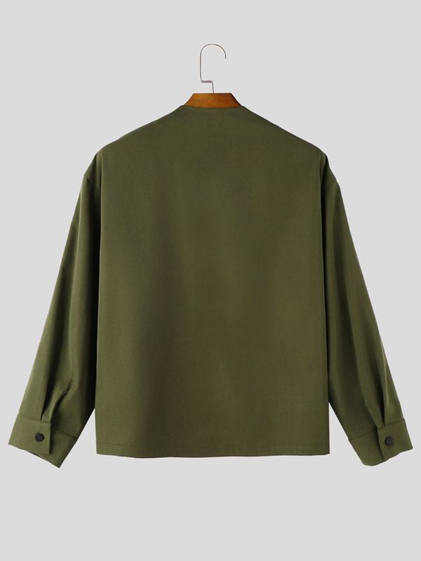 Men's Korean Minimalist Collarless Hidden Placket Boxy Cropped Long Sleeve Shirt SKUL76488