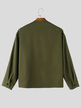Men's Korean Minimalist Collarless Hidden Placket Boxy Cropped Long Sleeve Shirt SKUL76488