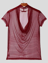 Men's Avant-Garde Sheer Deep Draped Cowl Neck Slim Fit T-shirt SKUL54626