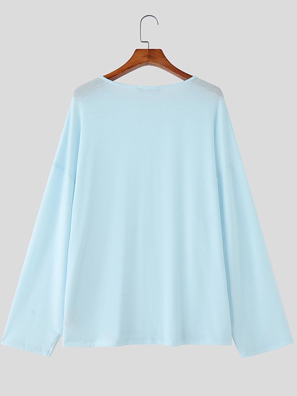 Men's Solid Color Loose Crew Neck Long Sleeve T-Shirt SKUL38549