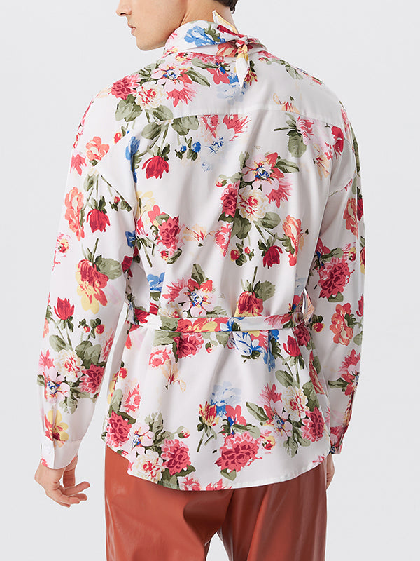 Mens Floral Print Cowl Neck Tie Shirt SKUK01074