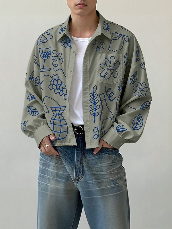 Men's Hand Drawn Print Long Sleeve Shirt SKUL39902