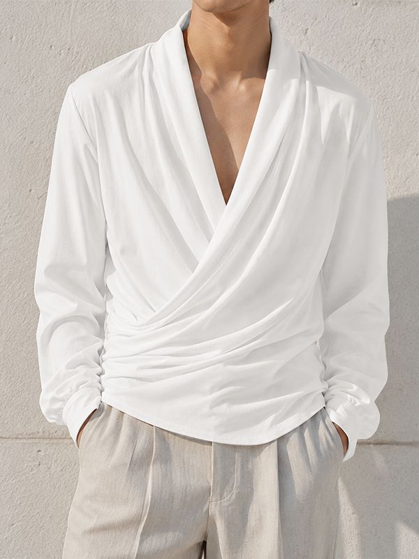 Men's Retro Criss Cross Wrap Front Ruched Drape Long Sleeve Plunging V-Neck T-shirt SKUL82418