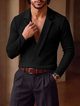 Men's Smart-Casual Ribbed Knit Plunging V-Neck Lapel Long Sleeve Shirt SKUL78979