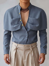 Men's Avant-Garde Capelet Overlay Deep V-Neck Mandarin Collar Shirt SKUL78020
