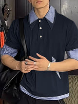 Men's Plaid Patchwork Collar Short Sleeve Shirt SKUL46212