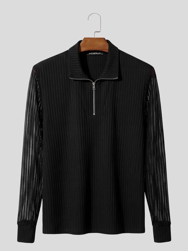 Men's Smart Chic Cocktail Evening Hollow-Out Mesh Panel Quarter-Zip Fitted Shirt SKUL84048