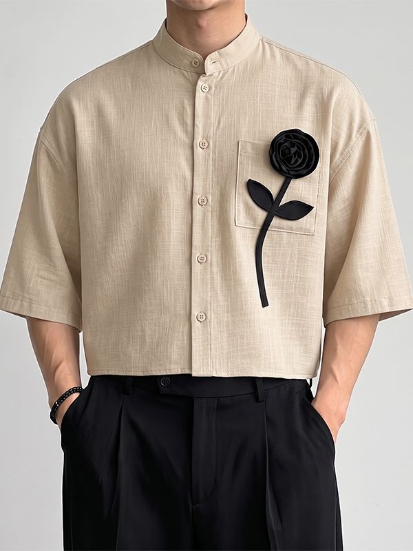 Men's Retro Resort Floral Applique Pocket Feel Drop Shoulder Half Sleeve Band Collar Shirt SKUL81852