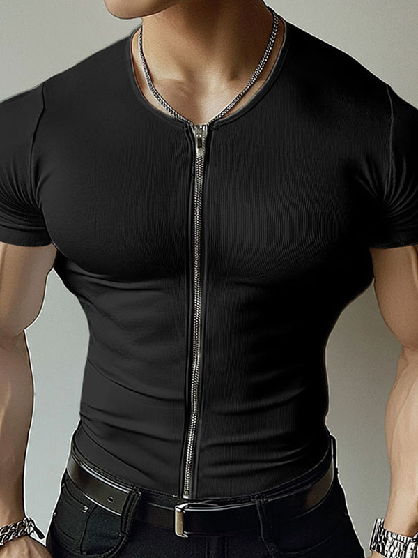 Mens Textured Zip-Up Short Sleeve T-Shirt SKUL01341