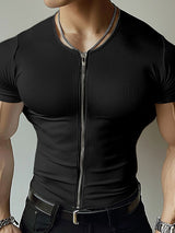 Mens Textured Zip-Up Short Sleeve T-Shirt SKUL01341