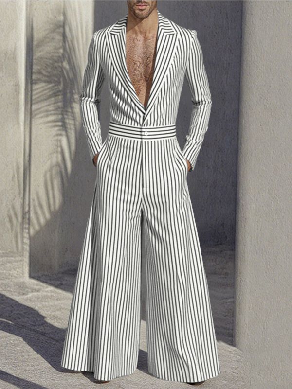 Men's Striped Casual Long Sleeve Jumpsuit SKUL30632