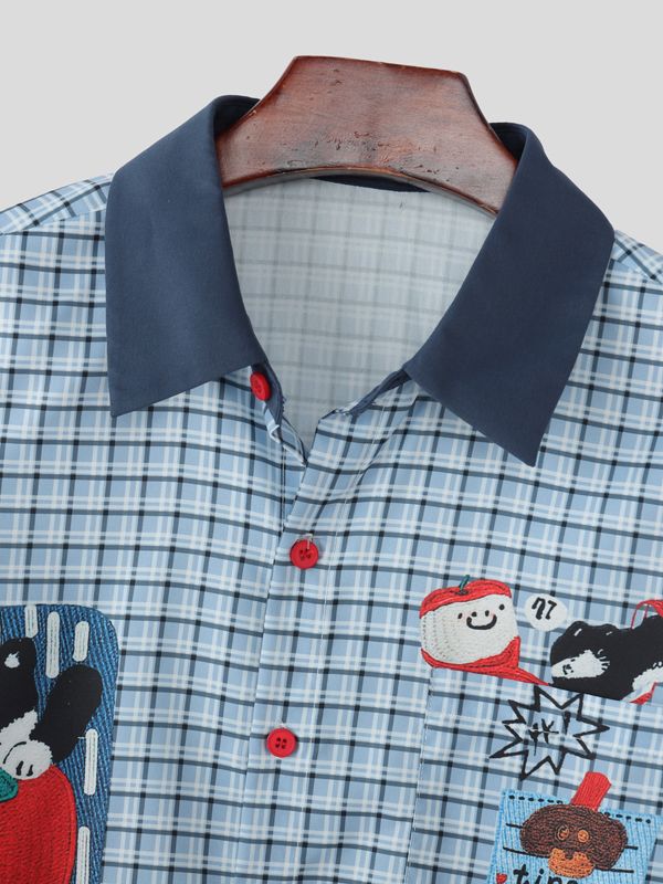 Men's Cat Fun Print Plaid Long Sleeve Shirt SKUL46134