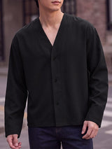 Men's Urban Casual Collarless Deep-V Snap Button Long Sleeve Shirt SKUL79088