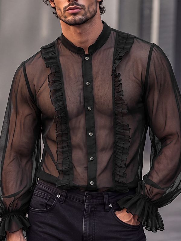 Men's Victorian Romance Sheer Chiffon Ruffled Mandarin Collar Shirt SKUL79733