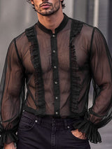 Men's Victorian Romance Sheer Chiffon Ruffled Mandarin Collar Shirt SKUL79733